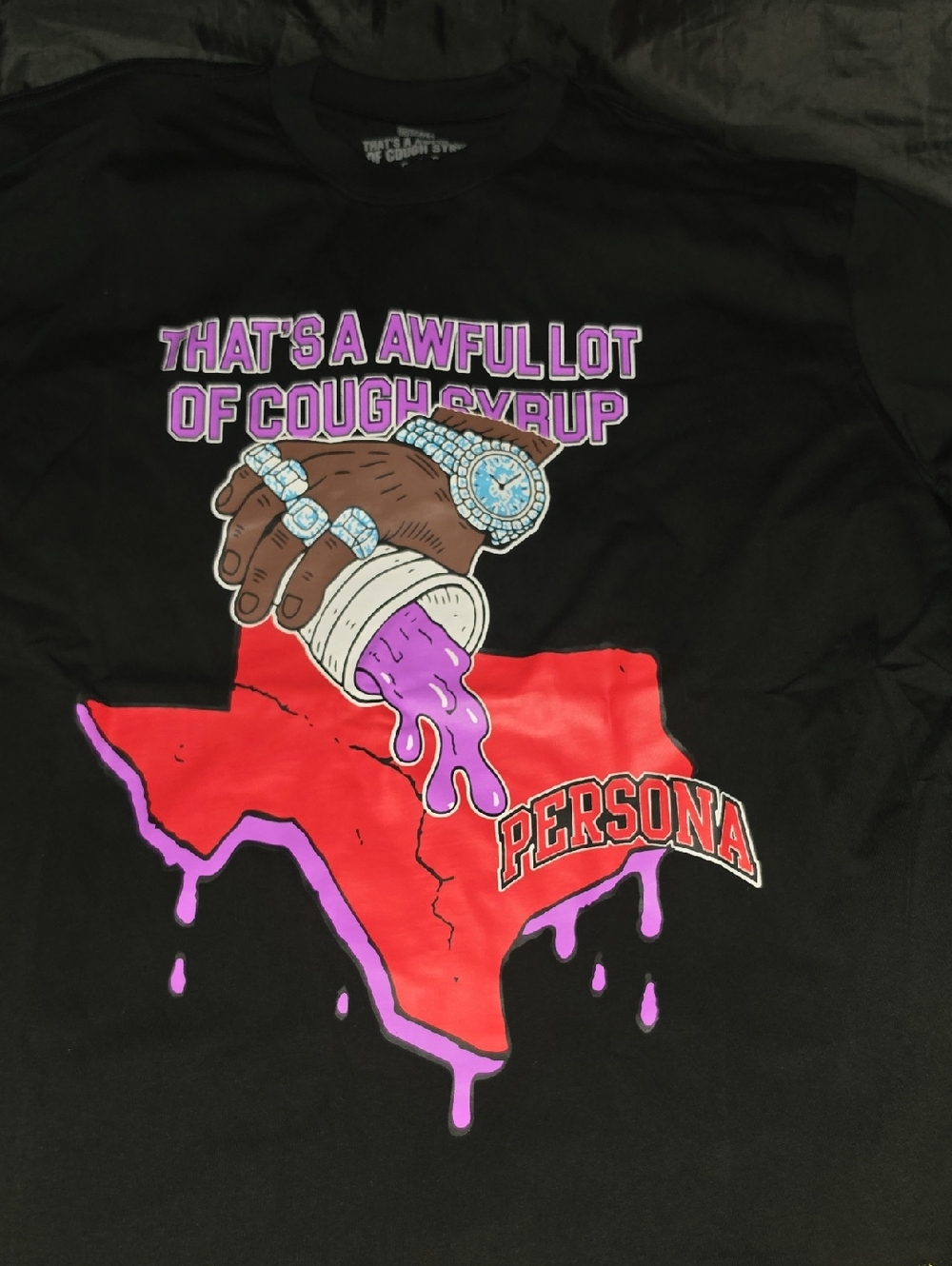 Persona Black Tee with Red Texas Graphic & Purple Syrup